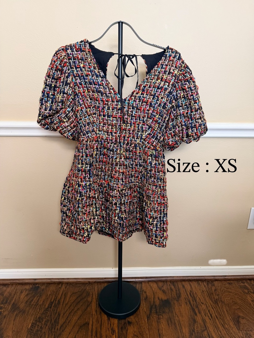 Multicolor Tweed-Style V-Neck Puff Sleeve Dress